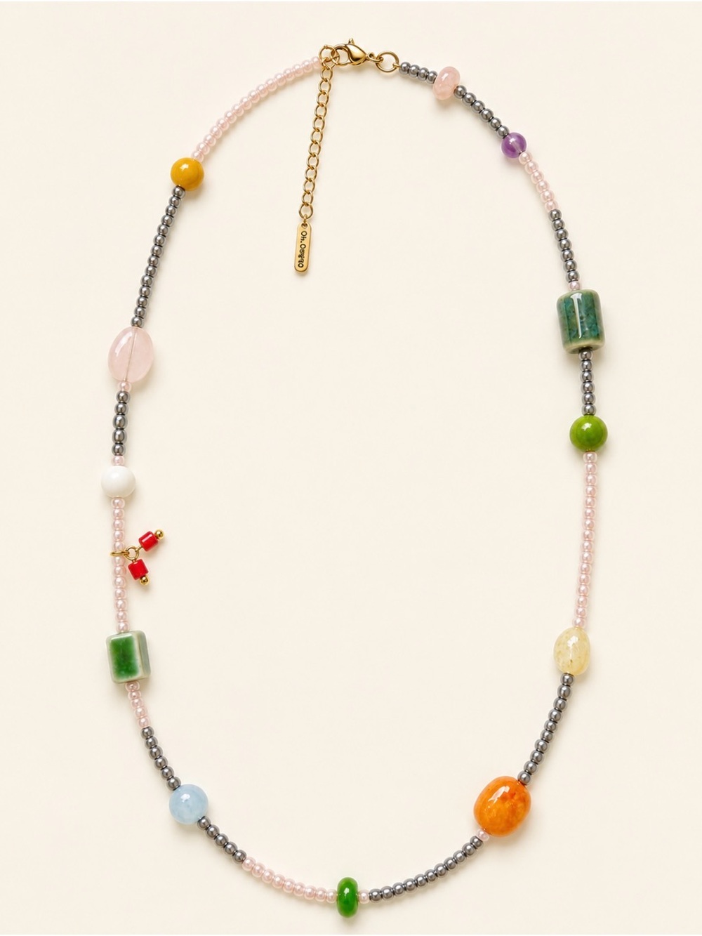 Boho Multicolor Beaded Necklace with Pink & Green Accents